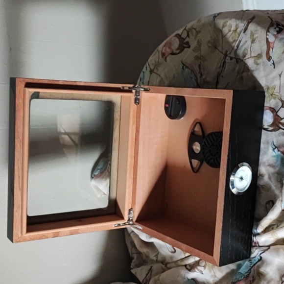 Black Espresso Wood Cigar Cutter Humidor Oak? Glass Lid Hygrometer - Picture 3 of 15